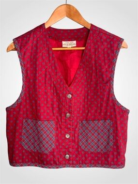 Susan Bristol Vintage Quilted Button Front Red Vest with Blue Accents Size 10
